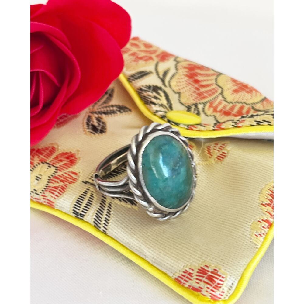 Native American Navajo Sterling Silver Turquoise Twisted Rope Bezel Split Band - Picture 3 of 11